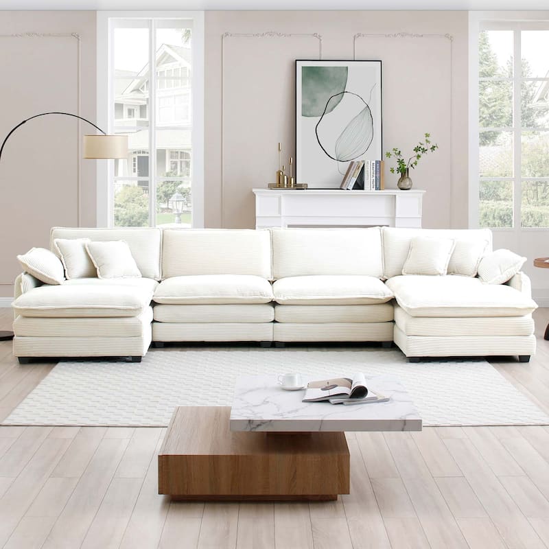 Beige 6-Piece Oversized Corduroy U-Shaped Modular Sectional Sofa with Ottomans