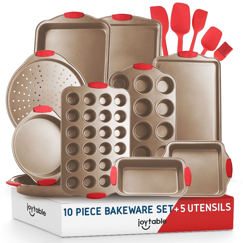 JoyTable Bakeware Set - Nonstick Bakeware Set With Silicone Handles & Utensils - 15 Piece Set - Brown