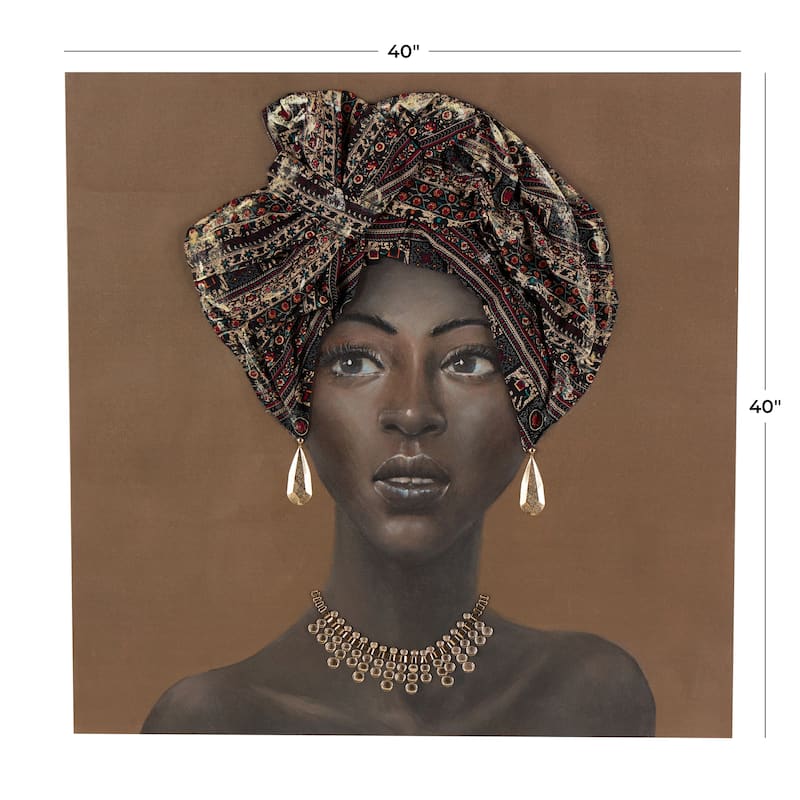 Canvas Woman Wall Art with 3D Fabric Headwear And Gold Jewels - Brown - Roche River Decor