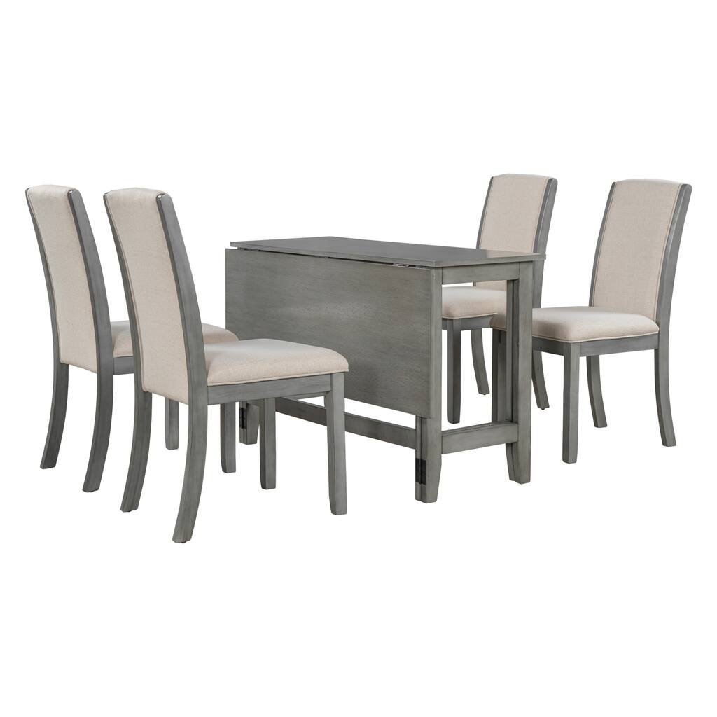 5-Piece 18-36 inch Extendable Drop Leaf Dining Talbe Set with 4 Upholstered Chairs for Country House City Apartment