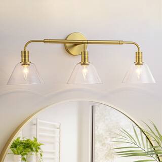 3-Light Modern Brass Bathroom Vanity Light with Clear Glass Shades - Gold Finish Wall Sconce for Bathroom Mirror - 3 Light