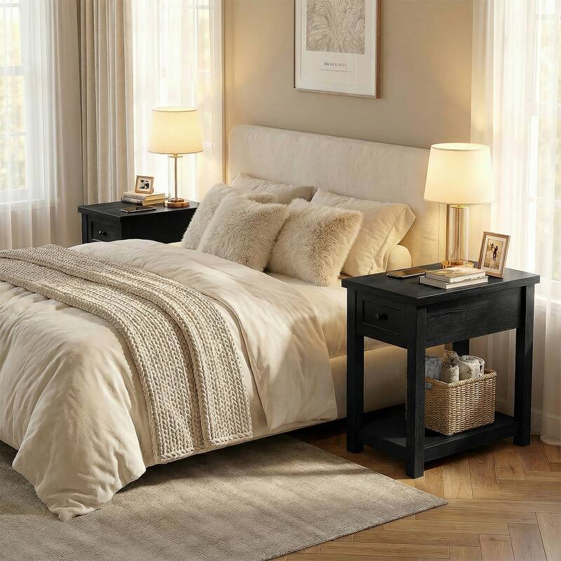 Farmhouse End Table with Wood Drawers and Charging Station, Sofa Side Table, Nightstand