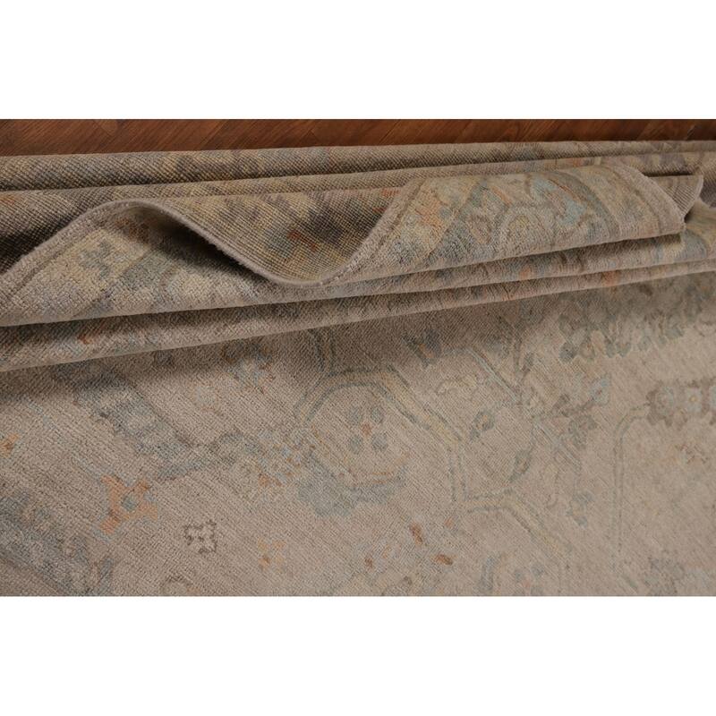 Beige Floral Oushak Turkish Area Rug Hand-Knotted Wool Carpet - 9'0"x 11'9"