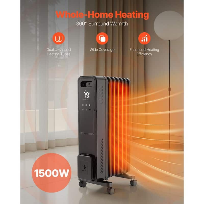 Black 1500W Oil-Filled Radiator Heater with 3 Heat Settings Timer and Quiet Operation - 14.02" x 9.76" x 26.18"