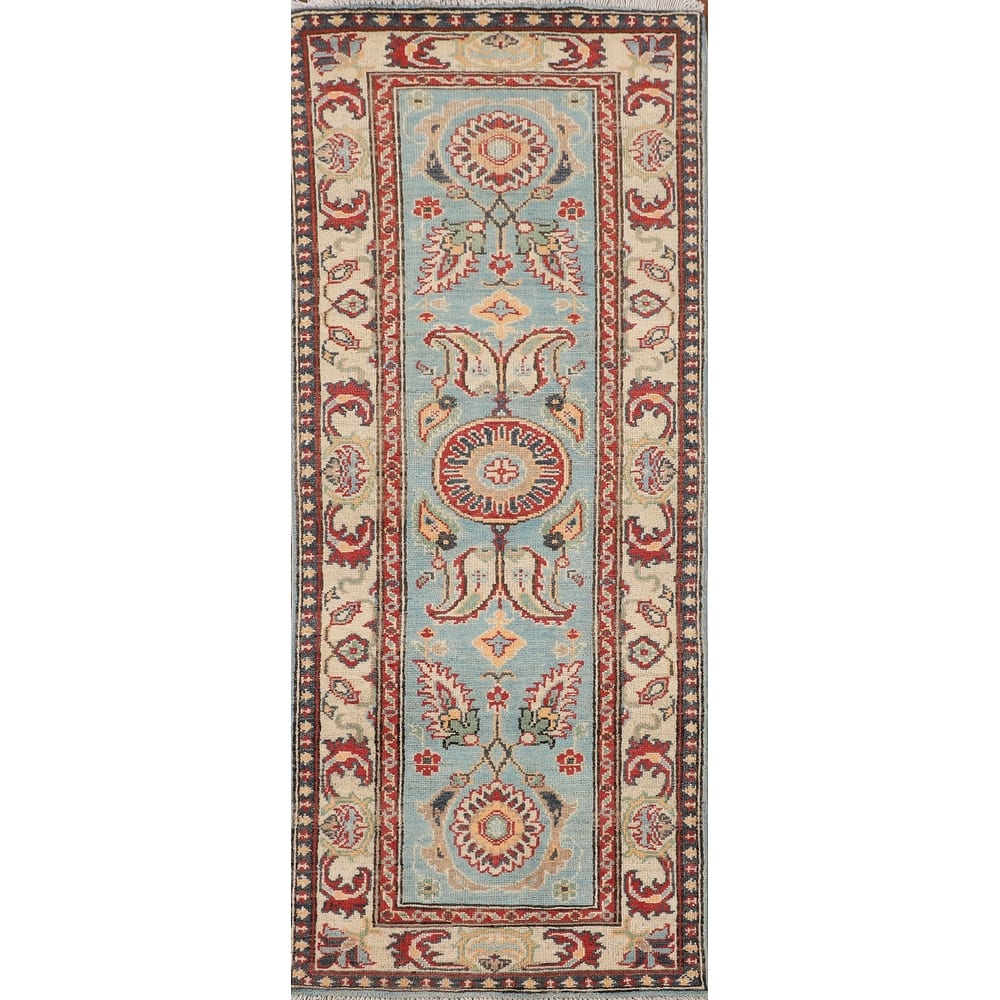 Light Blue Kazak Oriental Runner Rug Hand-Knotted Wool Carpet - 2'1" x 5'11"