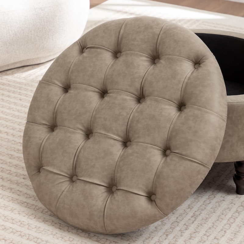 SEYNAR 29.5''Modern PU Leather Round Storage Ottoman with Wood Legs