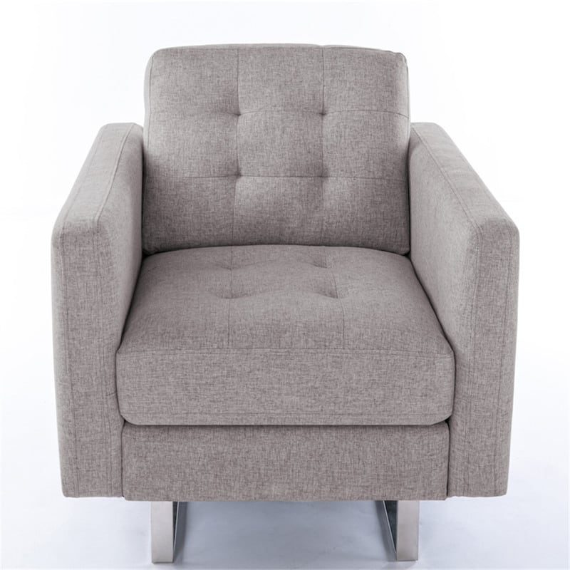 Linen Fabric Armchair with Metal Legs, Side Pockets, and Pillow