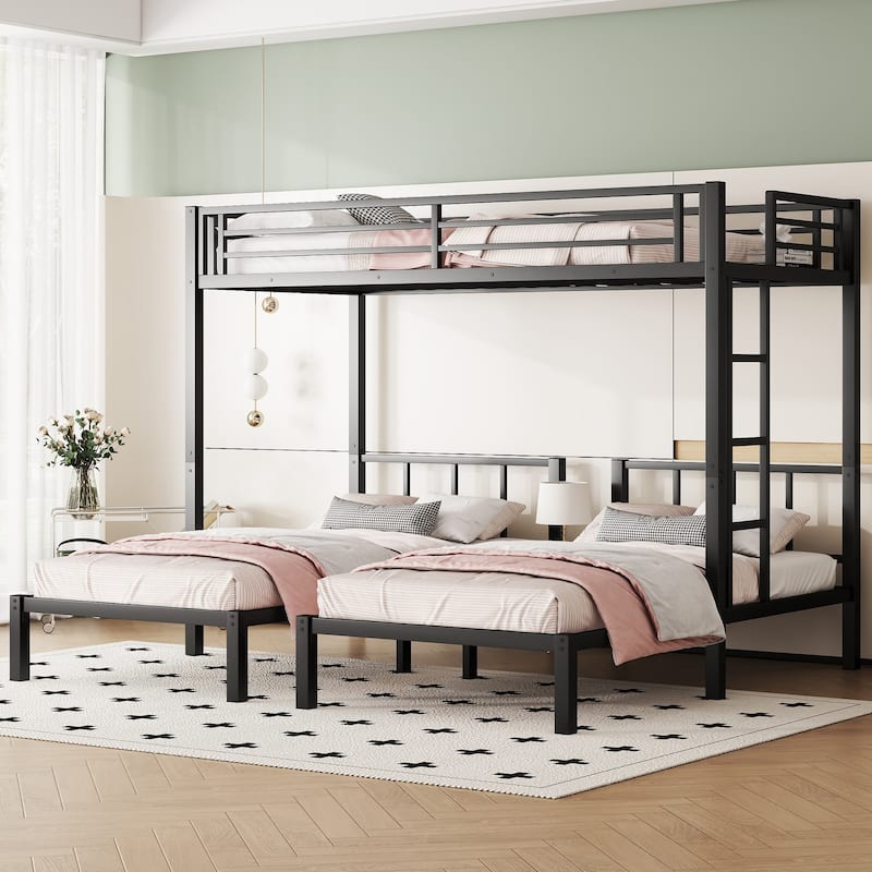 Metal Triple Bunk Bed, Twin over Twin & Twin, Black, Space-Saving Design for 3 - Black