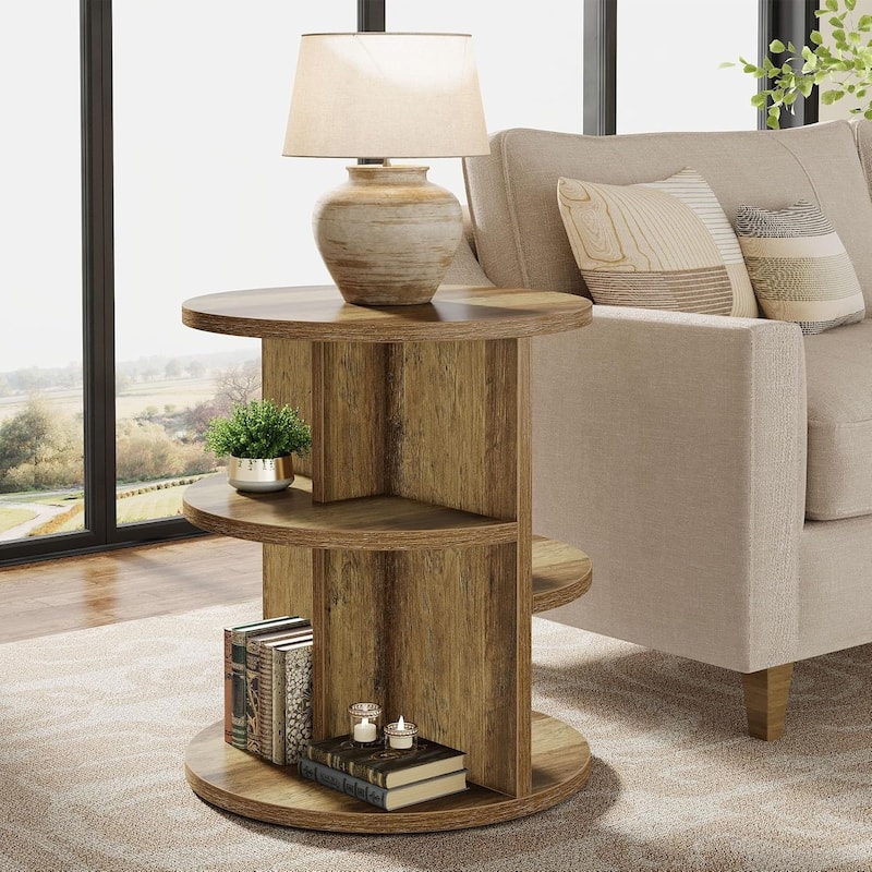 3-Tier Round End Table, 23.6-Inch Side Table with Storage Shelf