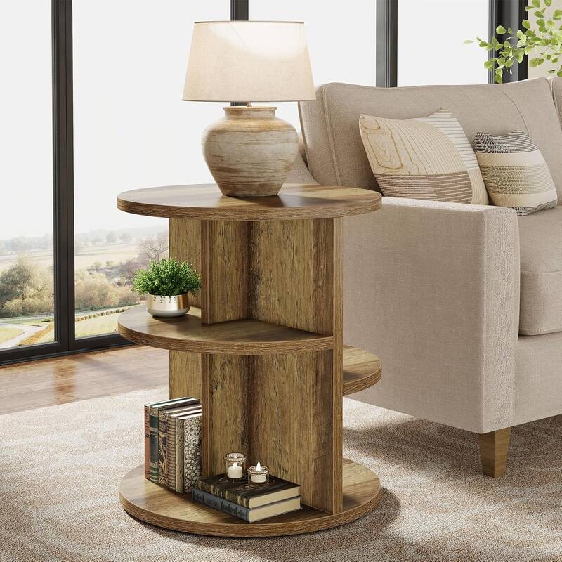 3 Tiers 23.6 Inches Round End Table, Side Table, Farmhouse Nightstand
