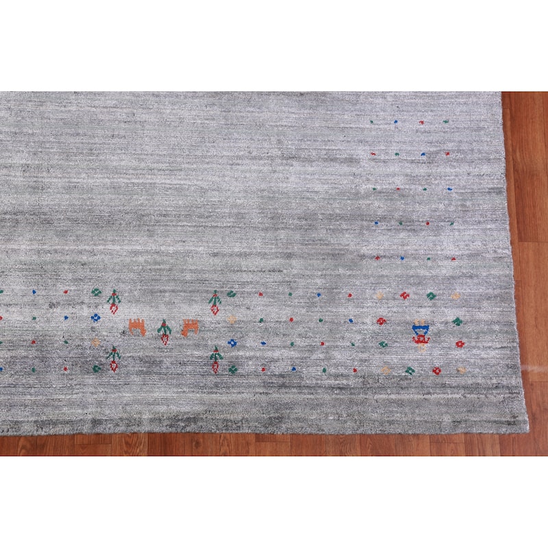 Hand Knotted Oriental Viscose Silk Carpet Tribal Stripe Greys & Charcoal Gabbeh Area Rug - 9' 10'' X 7' 10''