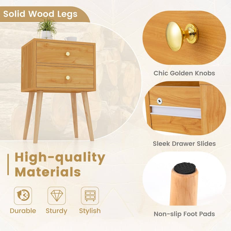 Costway 2PCS Mid-century Modern Nightstand with 2 Drawers Solid Wood
