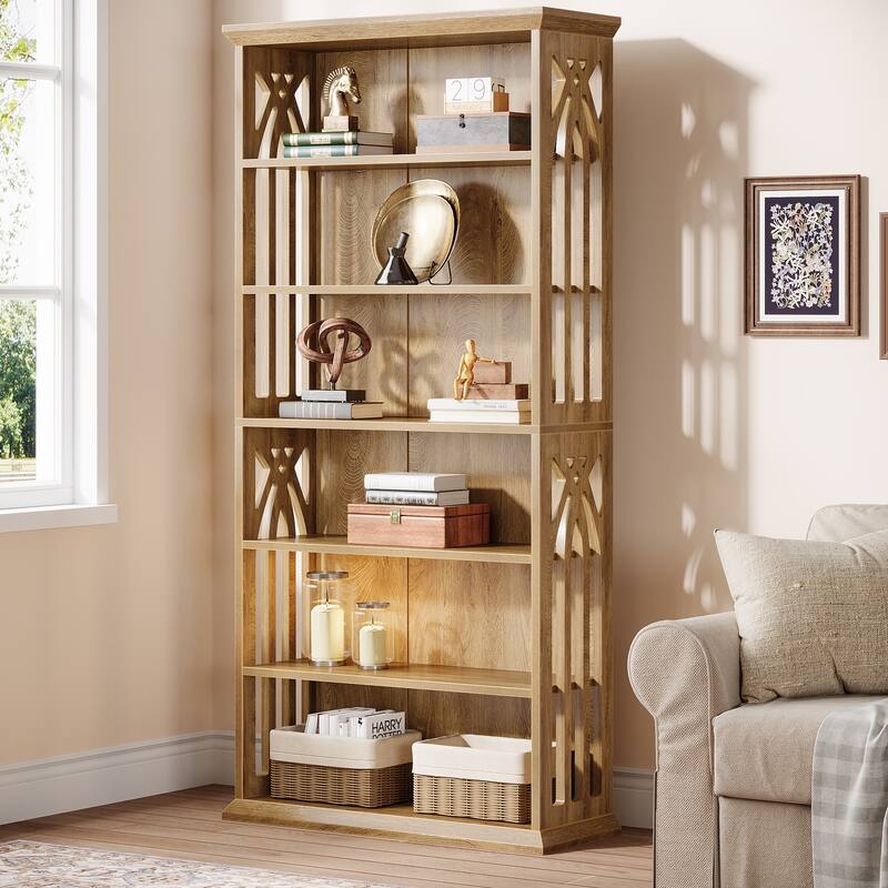 6 Tier Bookshelf, 75 Inch Tall Bookcase, Freestanding Display Shelves - Light Brown