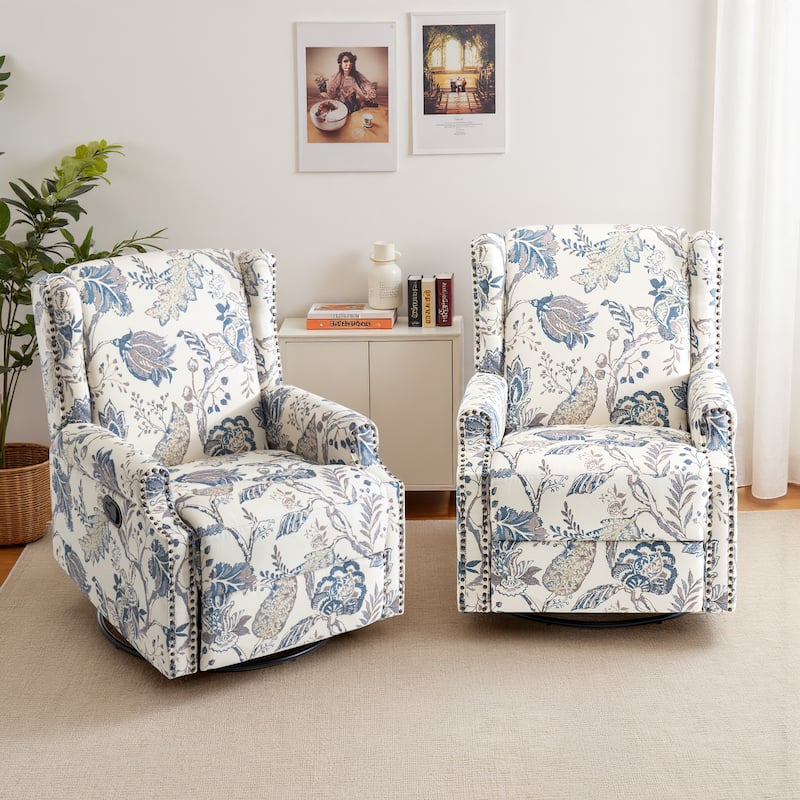29'' W Pattern Swivel Glider Manual Push Back Recliner Chair Set of 2 - Plant Blue