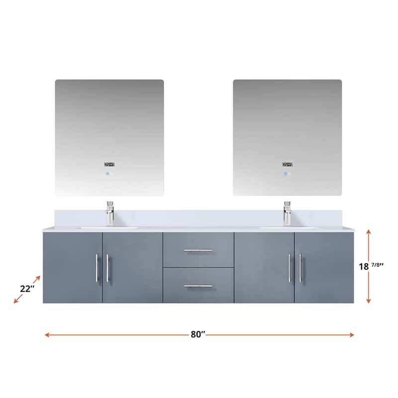 Geneva 80 in. W x 22 in. D Dark Grey Double Bath Vanity, Cultured Marble Top, Faucet Set, and 30 in. LED Mirrors