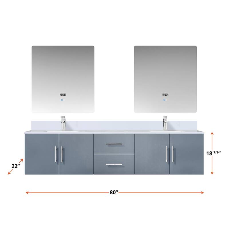 Geneva 80 in. W x 22 in. D Dark Grey Double Bath Vanity, White Quartz Top, Faucet Set, and 30 in. LED Mirrors