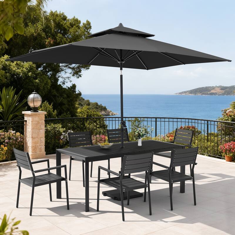 Set of 9 Outdoor Patio Dining Set WoodLike Aluminum Umbrella Hole Table with Stackable Armchairs, Double Top Market Umbrella Set - BlackTable&BlackChairs&BlackUmbrella