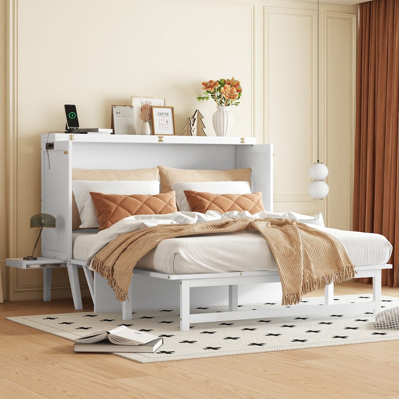 Queen Size Murphy Bed with USB Port and Removable Shelves on Each Side, Solid Pine Murphy Cabinet Bed for Home Office