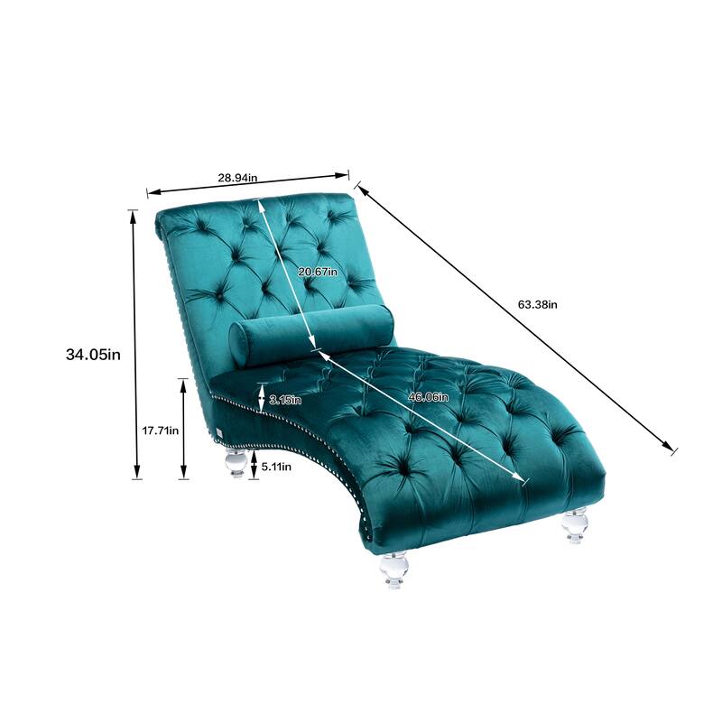 Velvet Tufted Chaise Lounge Chair Ergonomic S Shape Recliner with Pillow, Nailhead Trim and Acrylic Legs for Indoor Use