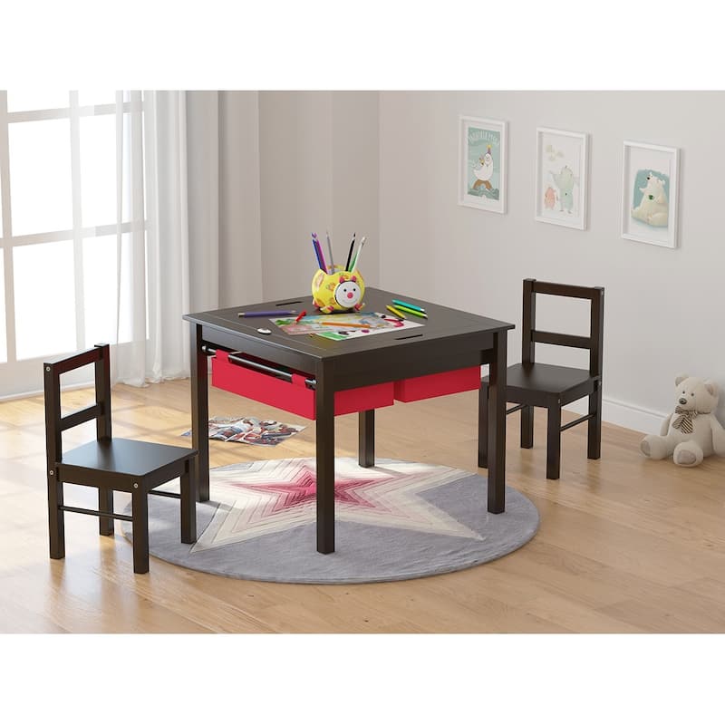 UTEX-2 in 1 Kids Activity Lego Table Set with Storage, Kids Table with 2 Chairs, Espresso with Red Drawer