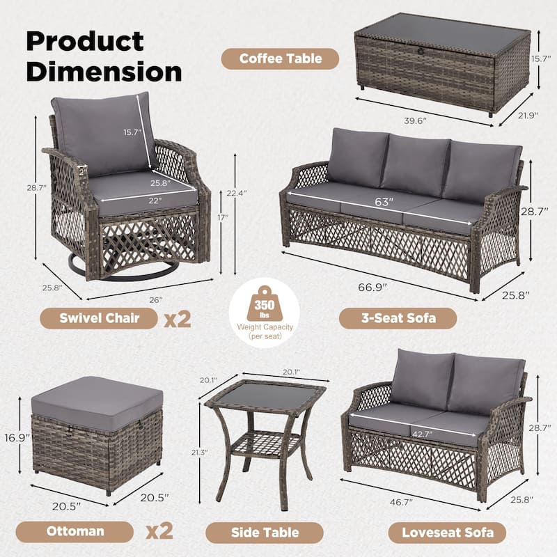 Outdoor Wicker Patio Set w Swivel Chairs & Sofa, Ottomans and Tables, Modular 3/5/6/7-Piece, All-Weather Conversation Set.