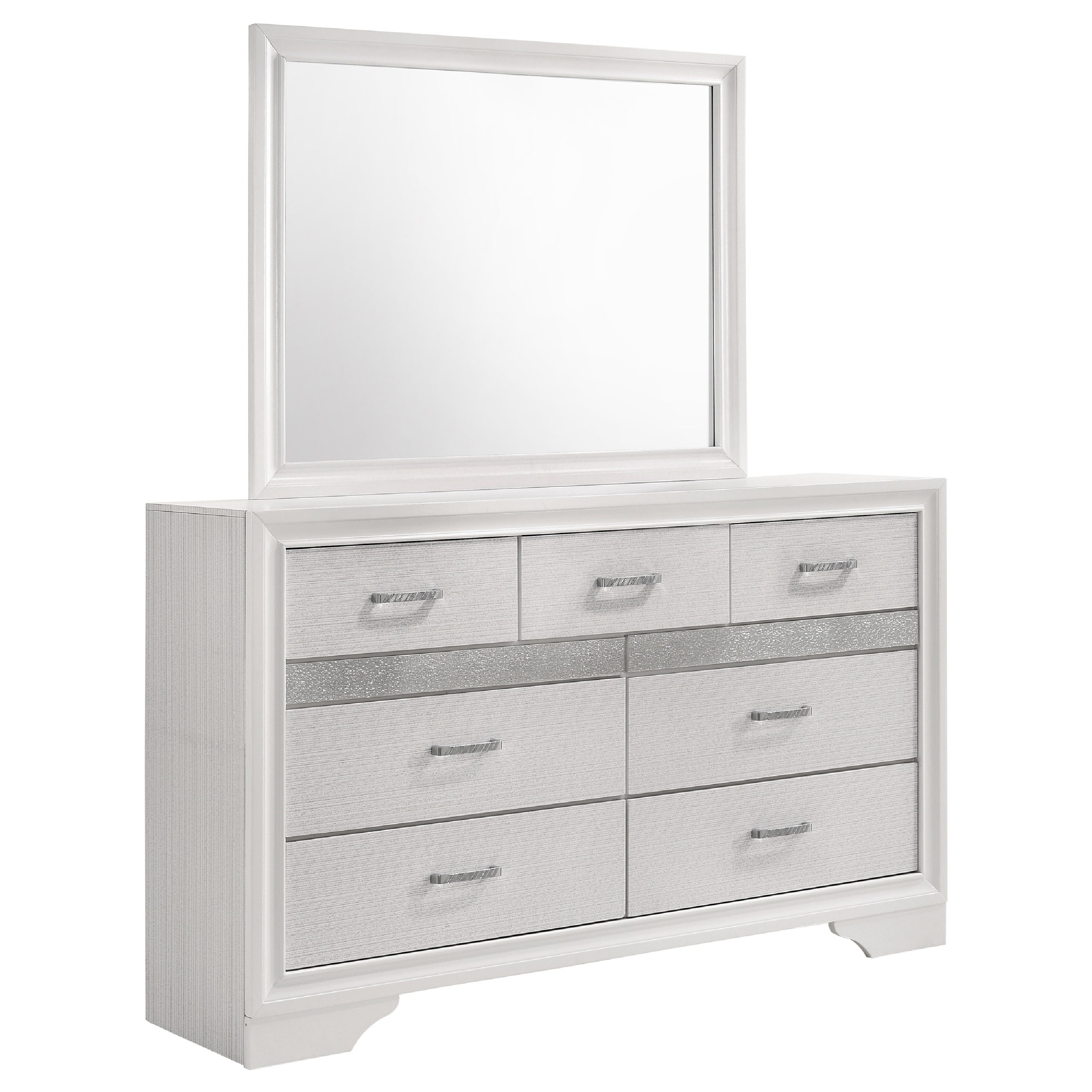 Vino Wide Dresser with Mirror, 7 Drawers, Modern White, Chrome Accent