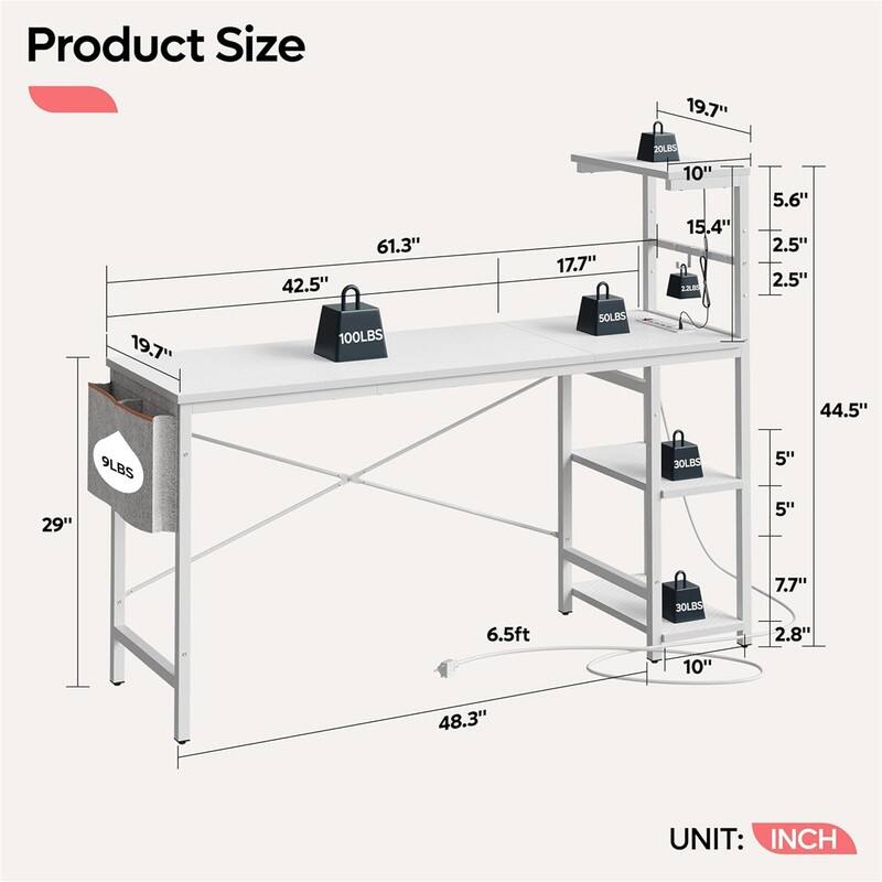 61 Inch Large Led Gamer Desk with 4 Tiers Reversible Shelves