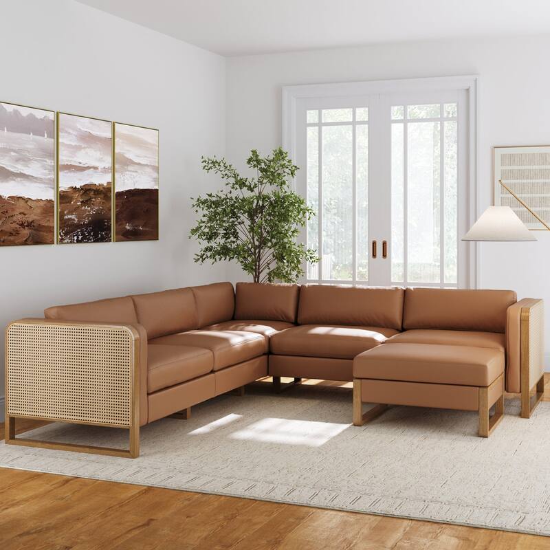 Madison Modern Upholstered Modular Sofa or Couch for Living Room with Solid Wood Legs - 5-Seater Sectional + Ottoman - Camel/Light Brown/Rattan