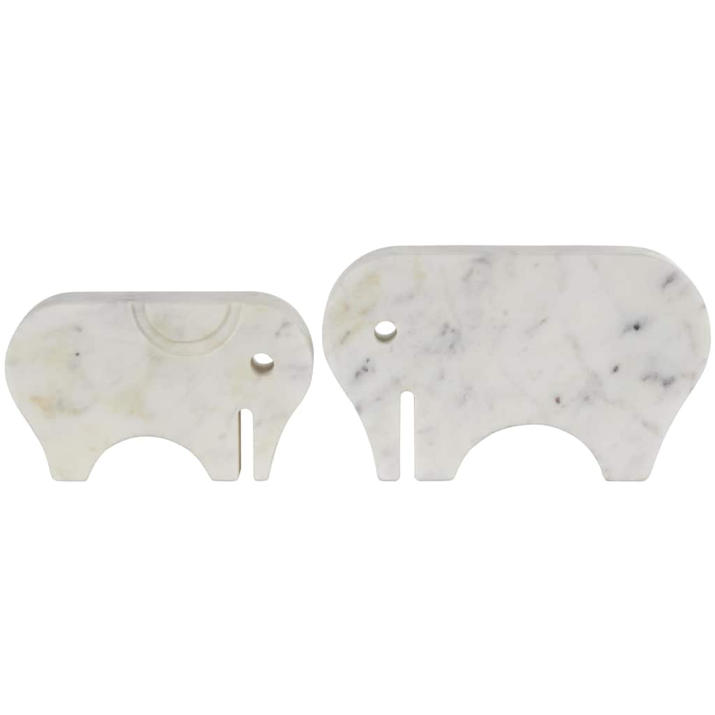 Marble Elephant Rounded Abstract Sculpture with Gray Marble Veins and Cutouts - Set of 2 White - Roche River Decor