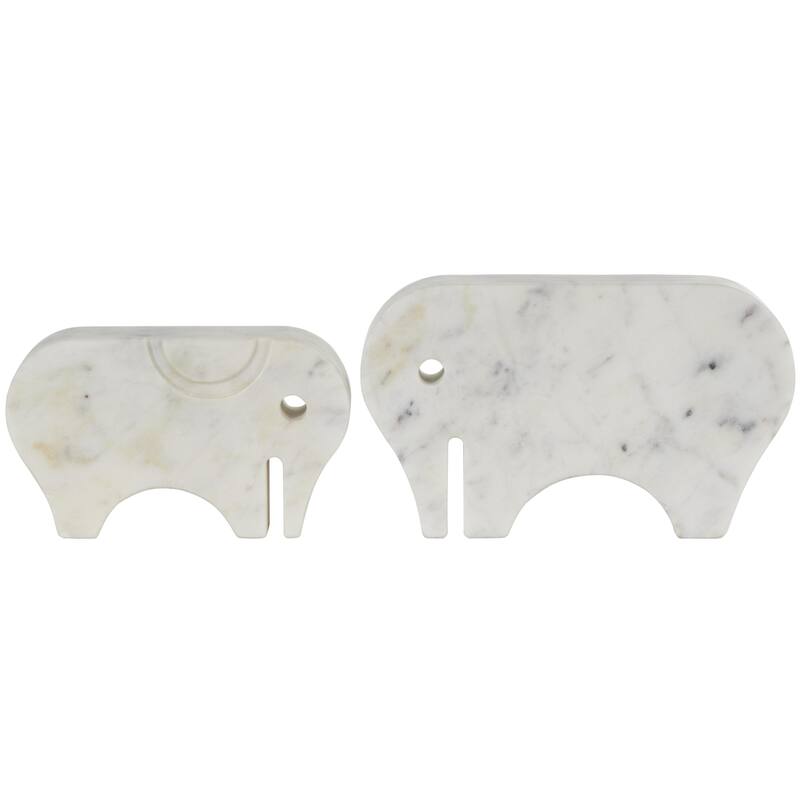 White Marble Rounded Abstract Elephant Decorative Sculpture with Gray Marble Veins and Cutouts (Set of 2)