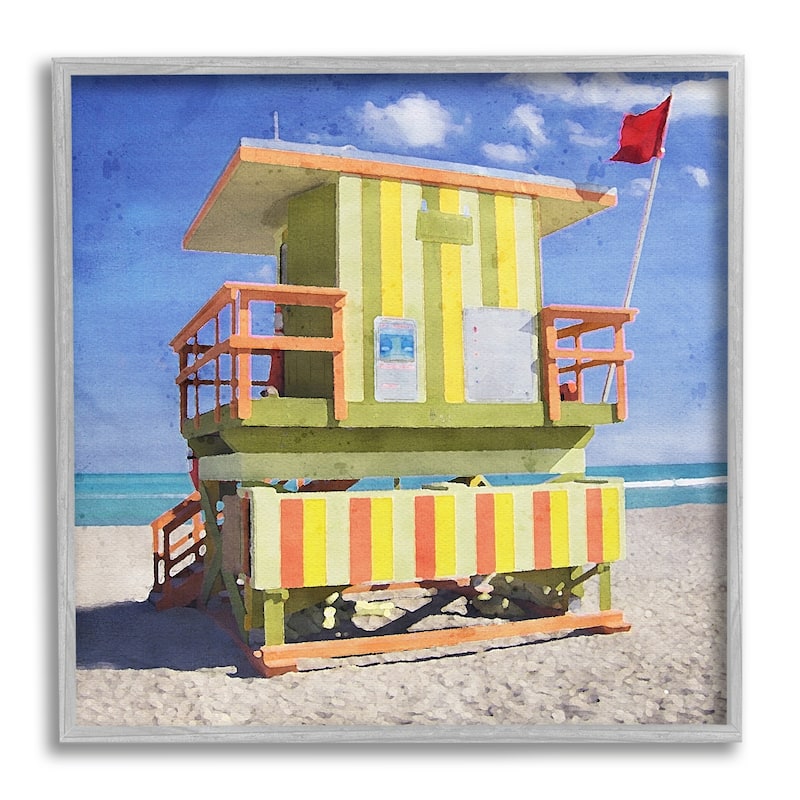 Stupell Yellow Summer Beach Hut Framed Giclee Art Design by LSR Design Studio - 12 x 12 - Grey