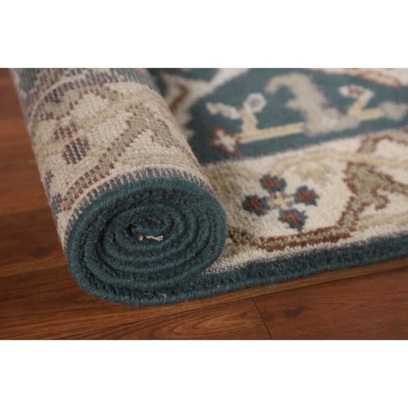 Green & Ivory Oushak Oriental Runner Rug Handmade Wool Carpet - 2'7"x 10'0"
