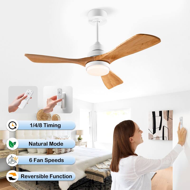 42" Ceiling Fan w/ 3 Color Dimmable 3 Solide Wood Blades Remote Control Reversible DC Motor