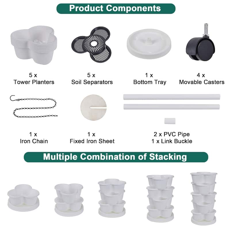 Javlergo 5 Tier Stackable Strawberry Planter White Vertical Garden Planter with Wheels for Indoor and Outdoor Use