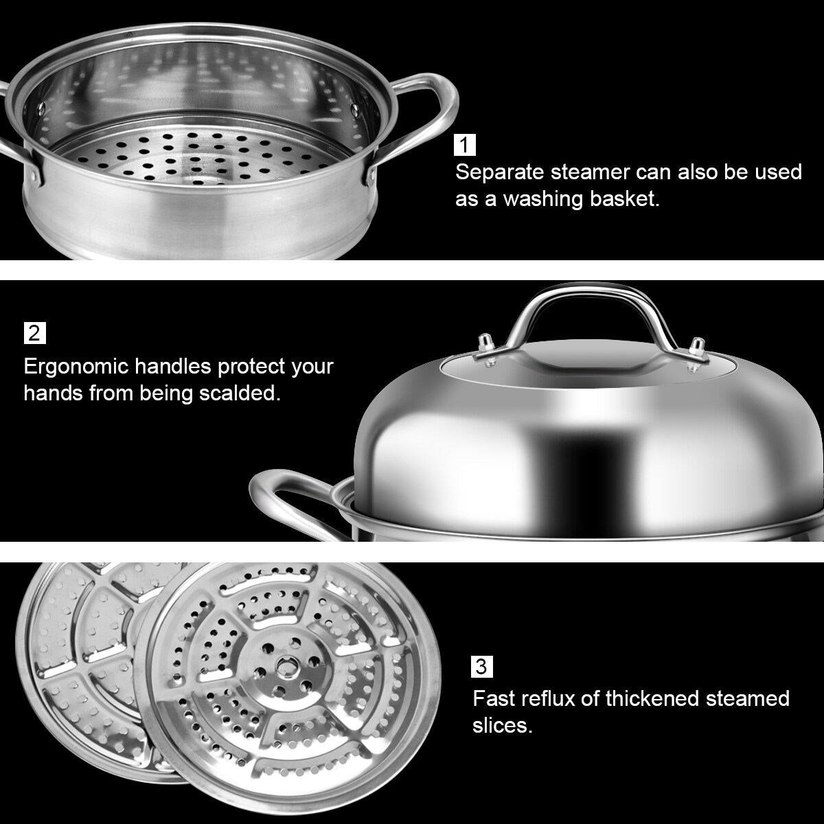 3-Tier Stainless Steel Steamer Pot Set - Includes 2 Pots, Steaming Septa, Lid, Works On All Stovetops
