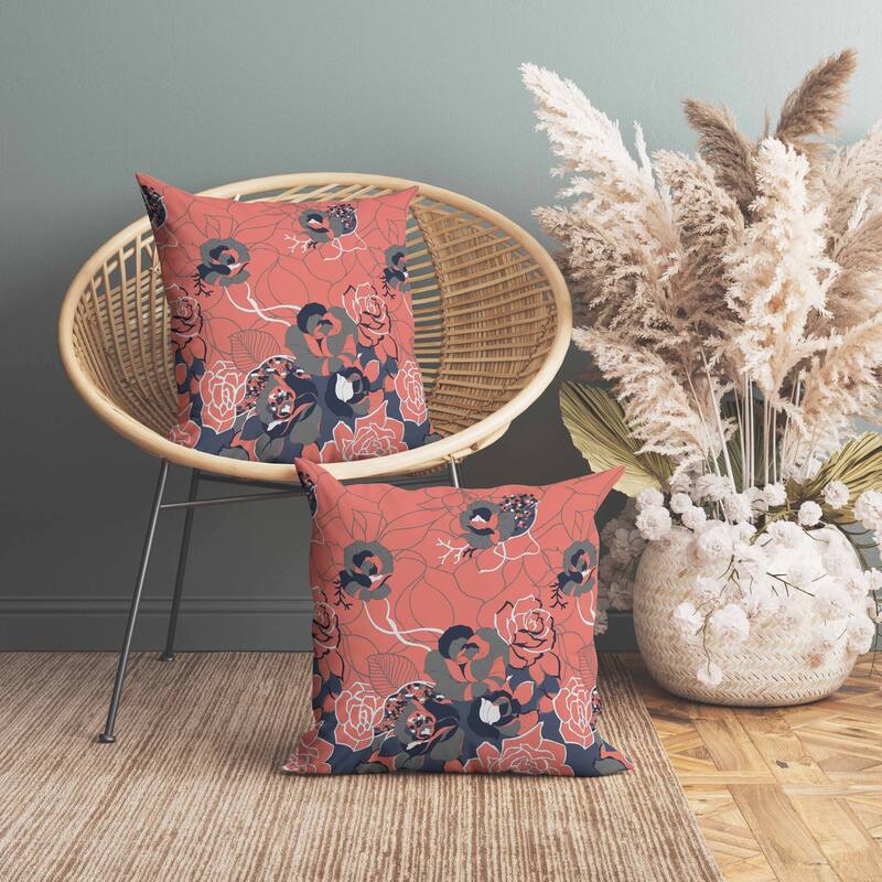 Regal Rose Retreat Indoor/Outdoor Reversible Throw Pillow Desaturated and Red