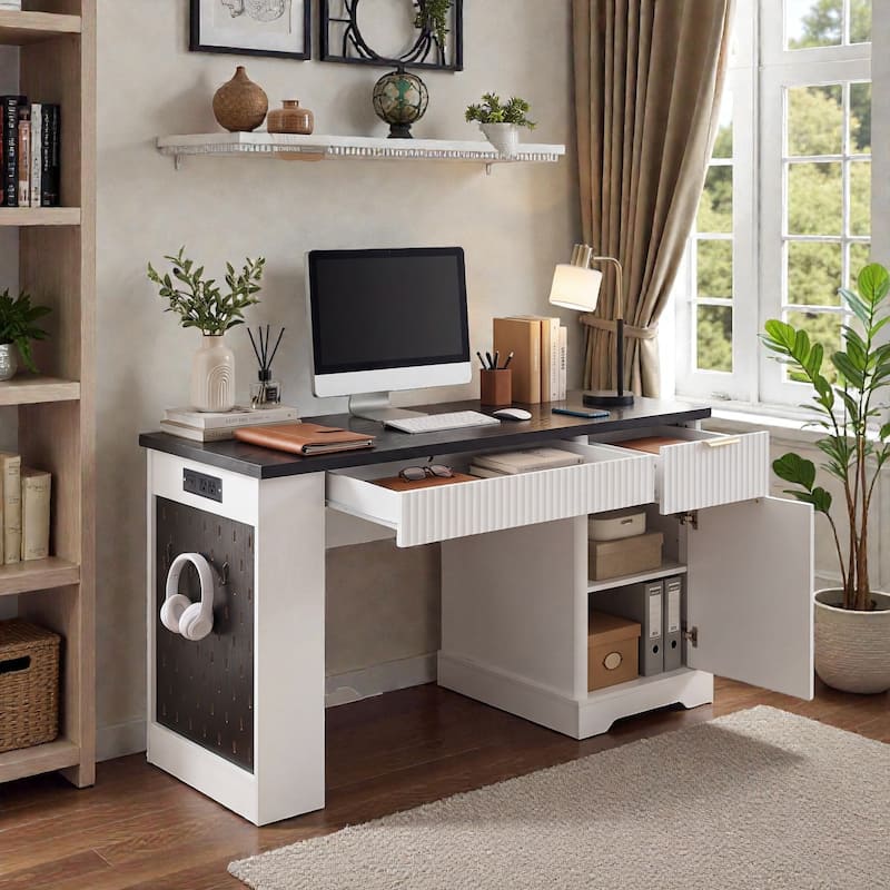 55 Inch Modern Fluted Office Desk with Storage Cabinet and Drawers, Computer Desk with Power Outlet Pegboard