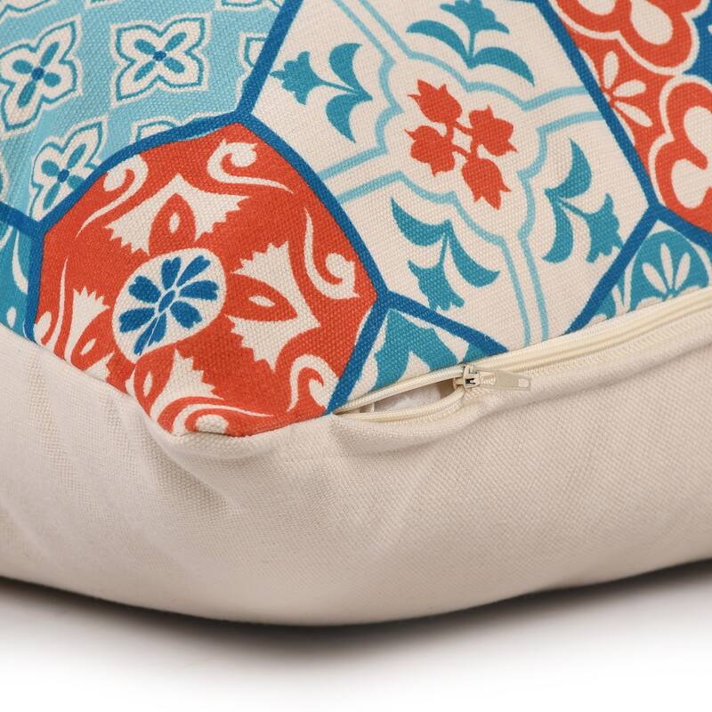 Handwoven Patchwork Outdoor Throw Pillow Cover - 20" - Teal Blue and Orange