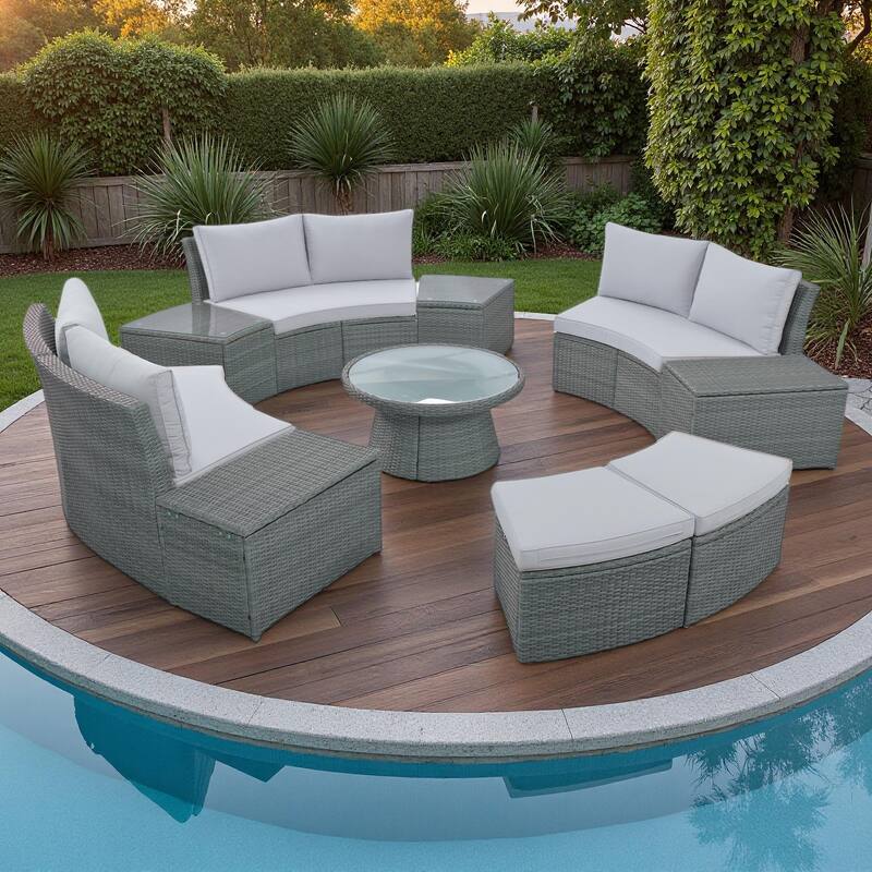 10-Piece Outdoor Rattan Modular Sectional Sofa Set with Coffee Table, Storage Box, Side Tables - Light Gray