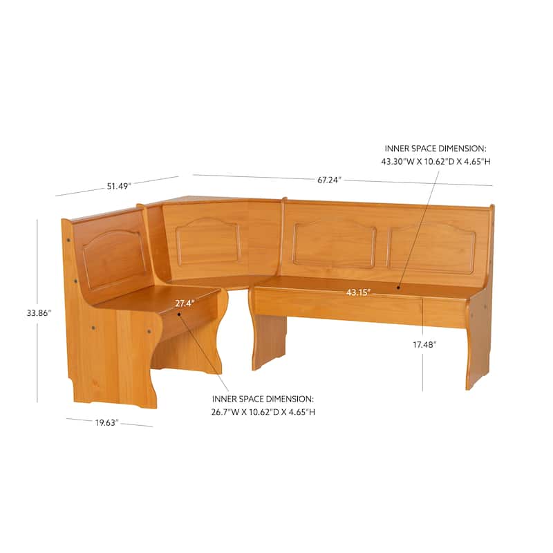 Linon Riki Honey Pine 3-piece Breakfast Nook Dining Set
