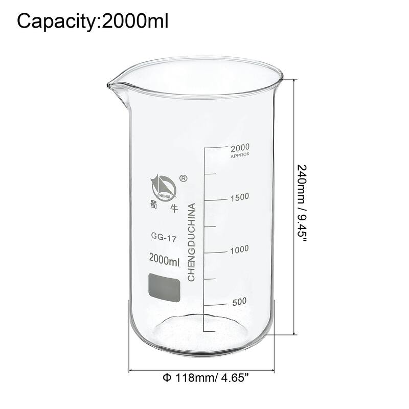 2000ml Tall Form Glass Beaker, 3.3 Borosilicate Lab Measuring Cups - Clear