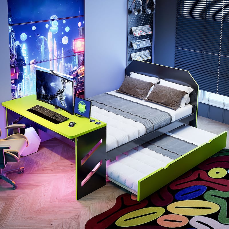 Full Daybed with Trundle, Wood Daybed with Built-in Desk and USB Charging Station, Twin Trundle Bed with Storage
