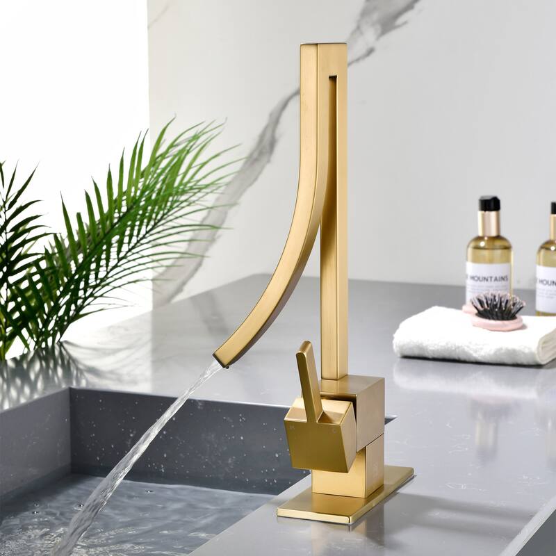 13.5"H Solid Brass Creative Design Single Handle Waterfall Bathroom Sink Faucet with Pop-Up Drain Assembly