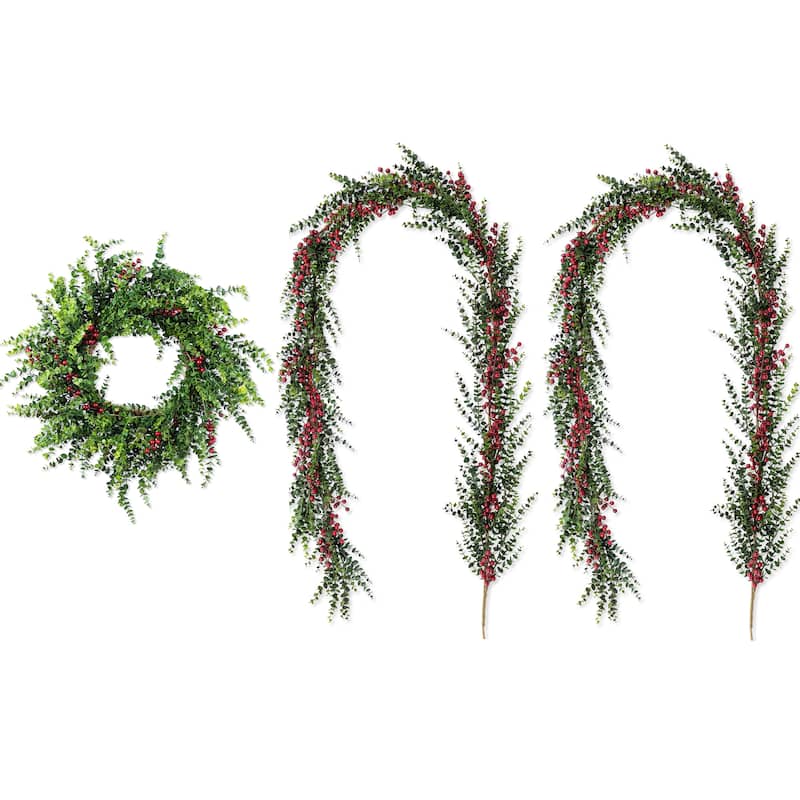 Glitzhome 9ft/6ft Christmas Greenery PE Dripping Eucalyptus Garland & 28"D Wreath with Red Berries - 28"D Wreath & Set of 2 9ft Garlands