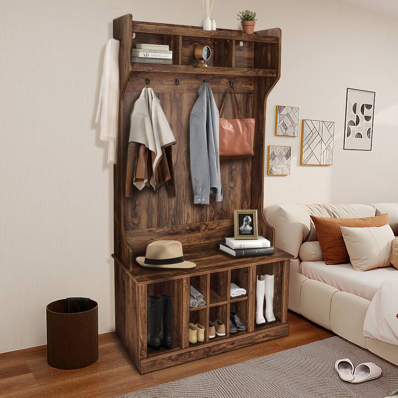 Entryway Hall Tree with Bench and Shoe Storage, Coat Rack with 8 Shoe Storage Cube and 6 Hanging Hooks Storage Cabinet