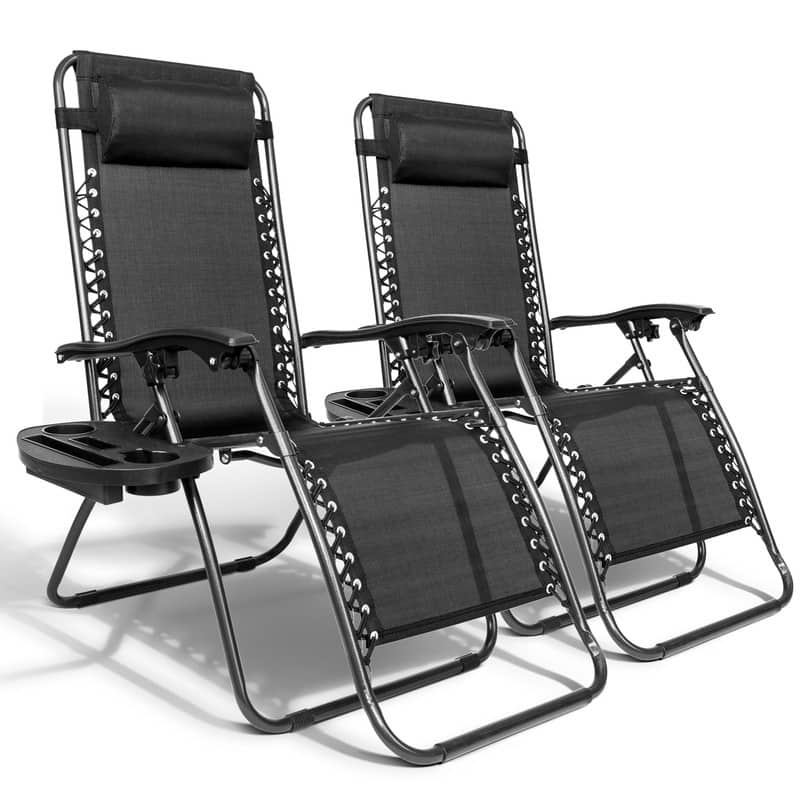 2-Piece Zero Gravity Lounge Chair Portable Folding Chairs with Cup Holder - Black