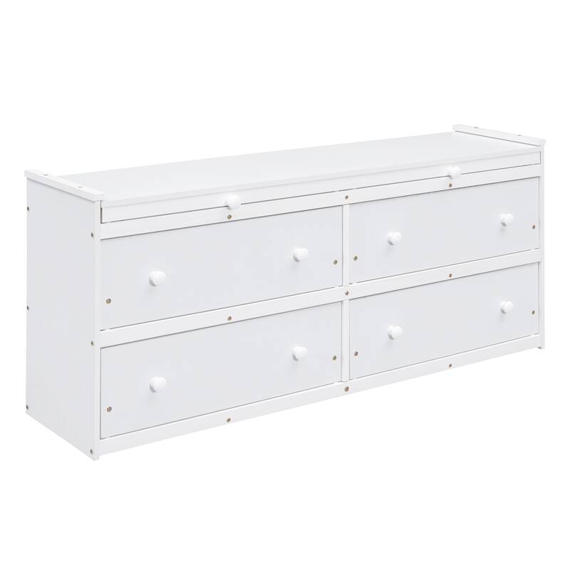 White Twin Size Solid Wood Loft Bed with Retractable Writing Desk and 4 Drawers, Lateral Portable Desk and Shelves