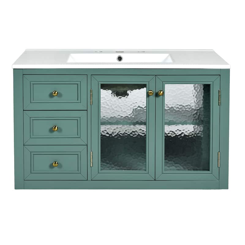 Roomfitters 36" Floating Vanity with Ceramic Sink, Wall Mounted Cabinet with 3 Drawers, Solid Wood Frame Design, Green