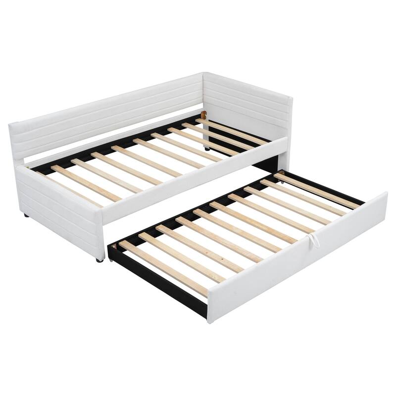 Twin Size Upholstered Daybed with Roll-Out Trundle, Space-Saving Wooden Frame, No Box Spring Needed