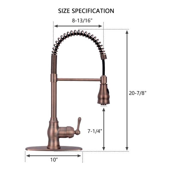 dimension image slide 3 of 5, Copper Pre-Rinse Spring Kitchen Faucet Single Level Handle and Pull Down Sprayer